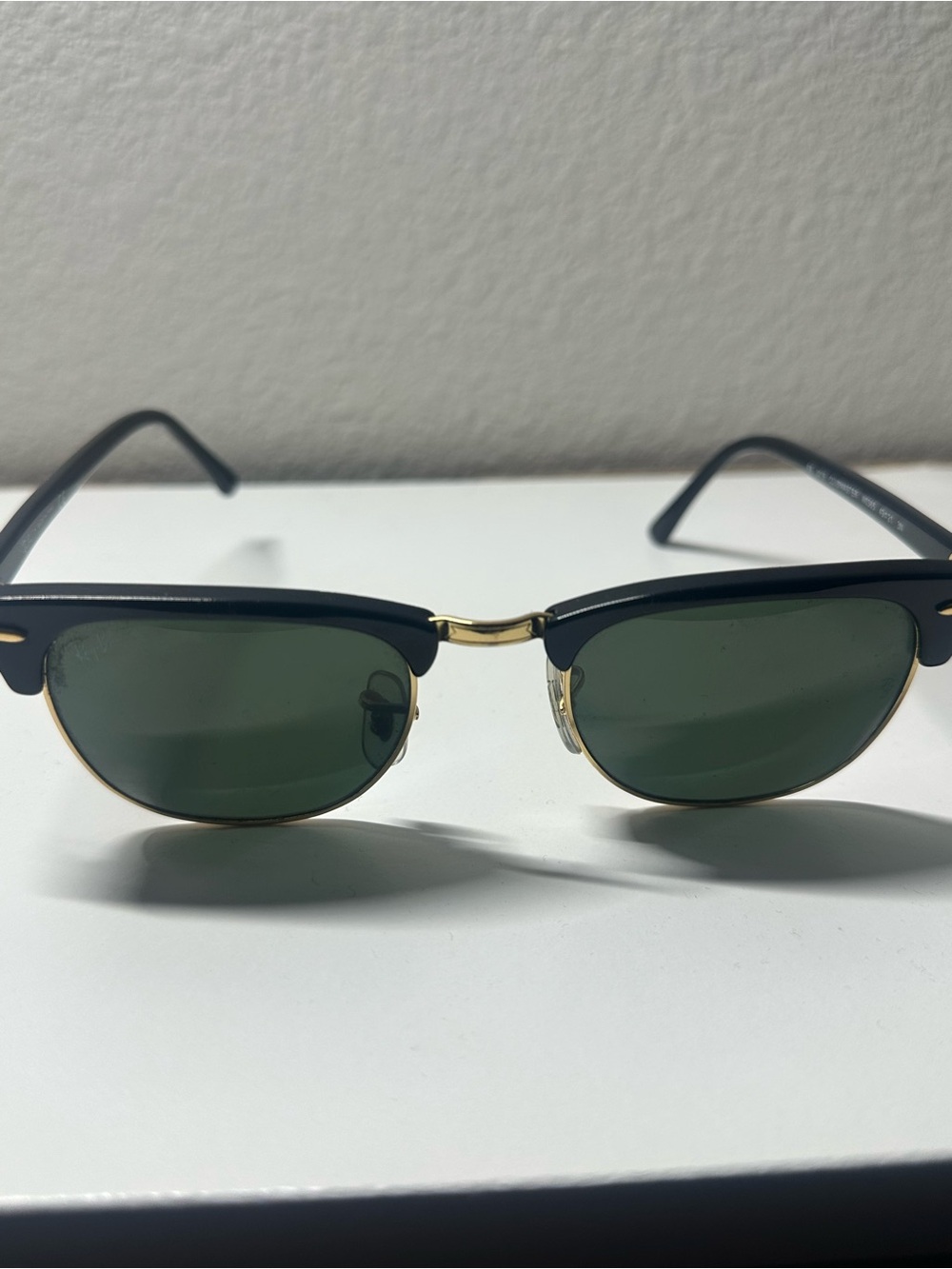 Ray-Ban Black and Gold Clubmaster Sunglasses with Dark Green Lenses